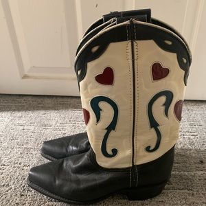 Vintage Acme Cowboy boots, black and white with green and red inlays.